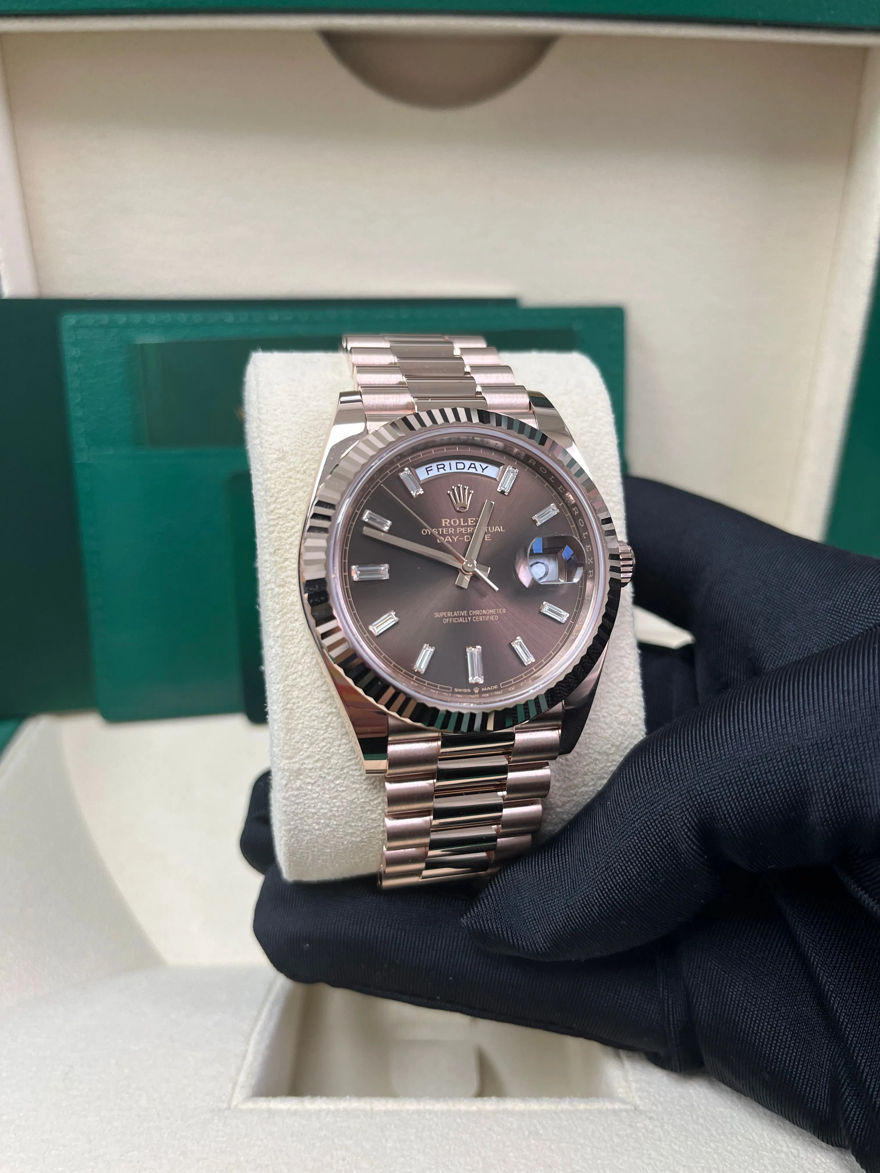 Rolex Day-Date 40 Rose Gold Day-Date 40 Watch - Fluted Bezel - Chocolate Baguette Diamond Dial - 228235