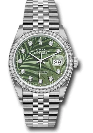 Rolex White Rolesor Datejust 36 Watch - Diamond Bezel - Olive Green Palm Motif Diamond 6 Dial - Jubilee Bracelet - 126284rbr ogpmdj