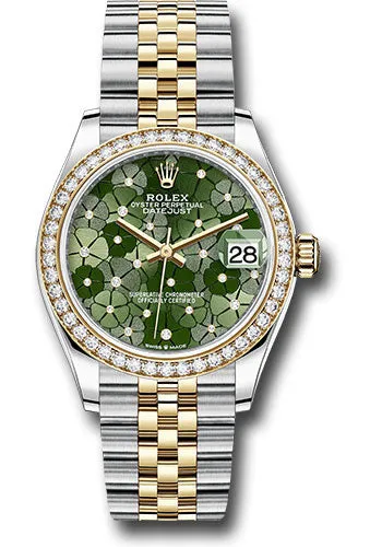 Rolex Yellow Rolesor Datejust 31 Watch - Diamond Bezel - Olive Green Floral Motif Diamond 6 Dial - Jubilee Bracelet 278383rbr ogflomdj