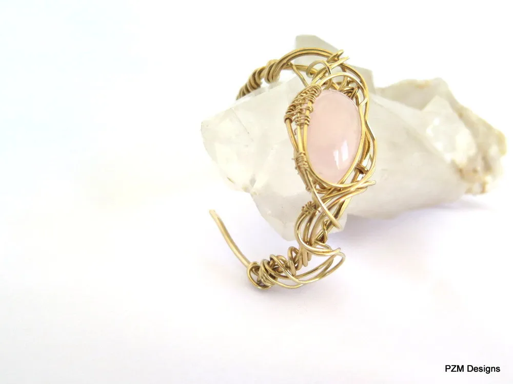 Rose Quartz Wire Wrapped Cuff, Artisan Made Gold Cuff