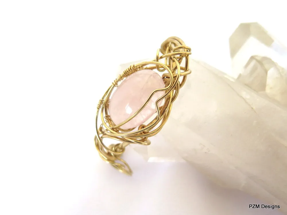 Rose Quartz Wire Wrapped Cuff, Artisan Made Gold Cuff