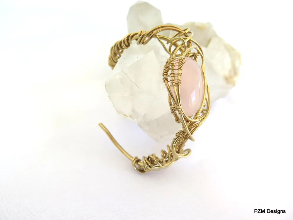 Rose Quartz Wire Wrapped Cuff, Artisan Made Gold Cuff