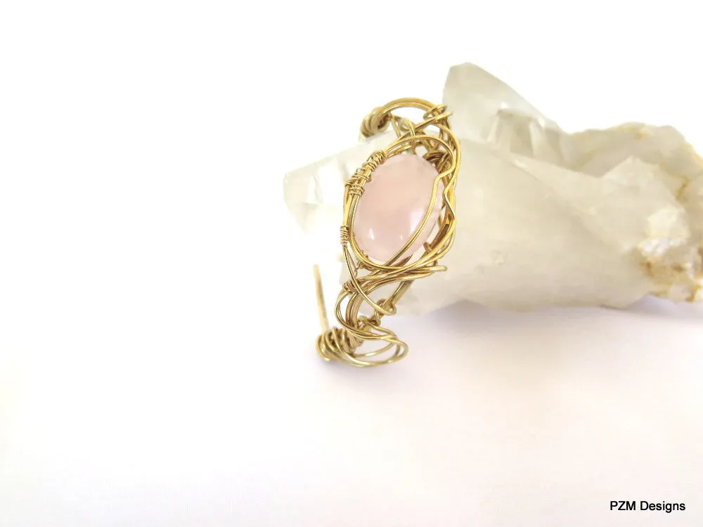 Rose Quartz Wire Wrapped Cuff, Artisan Made Gold Cuff