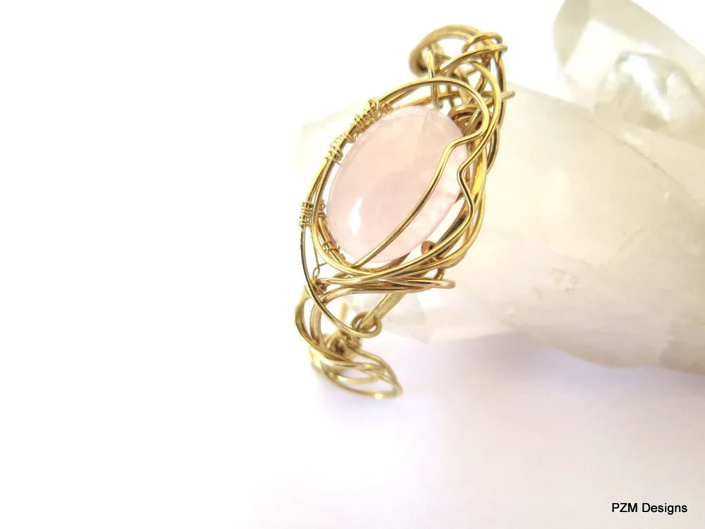 Rose Quartz Wire Wrapped Cuff, Artisan Made Gold Cuff