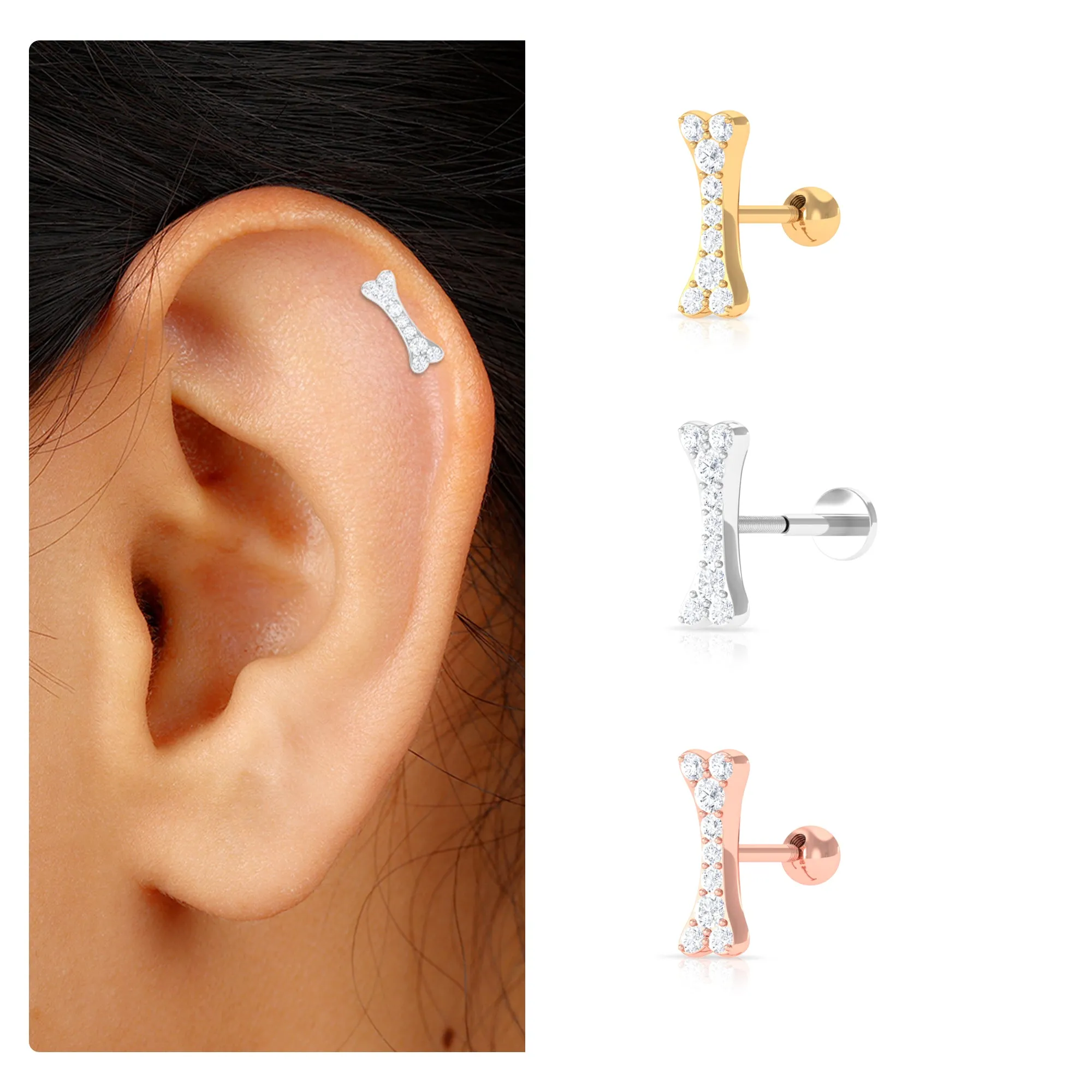 Round Moissanite Dog Bone Earring for Cartilage Piercing