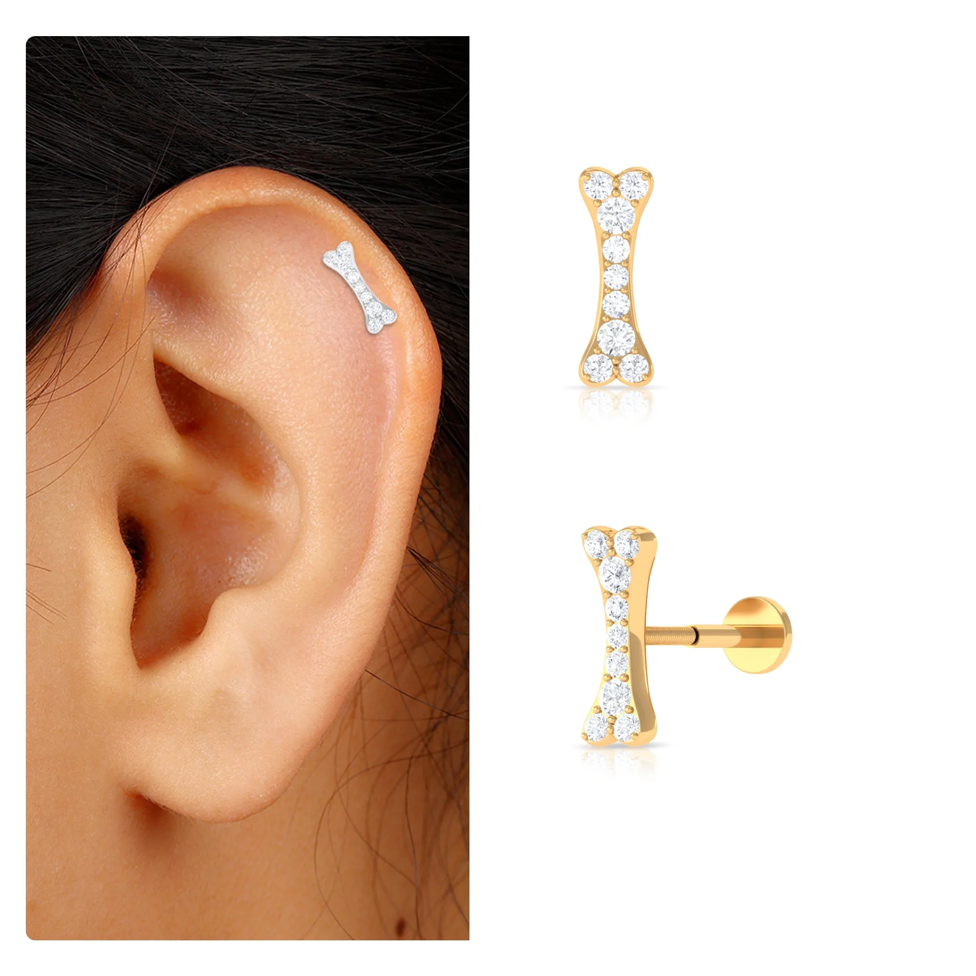 Round Moissanite Dog Bone Earring for Cartilage Piercing