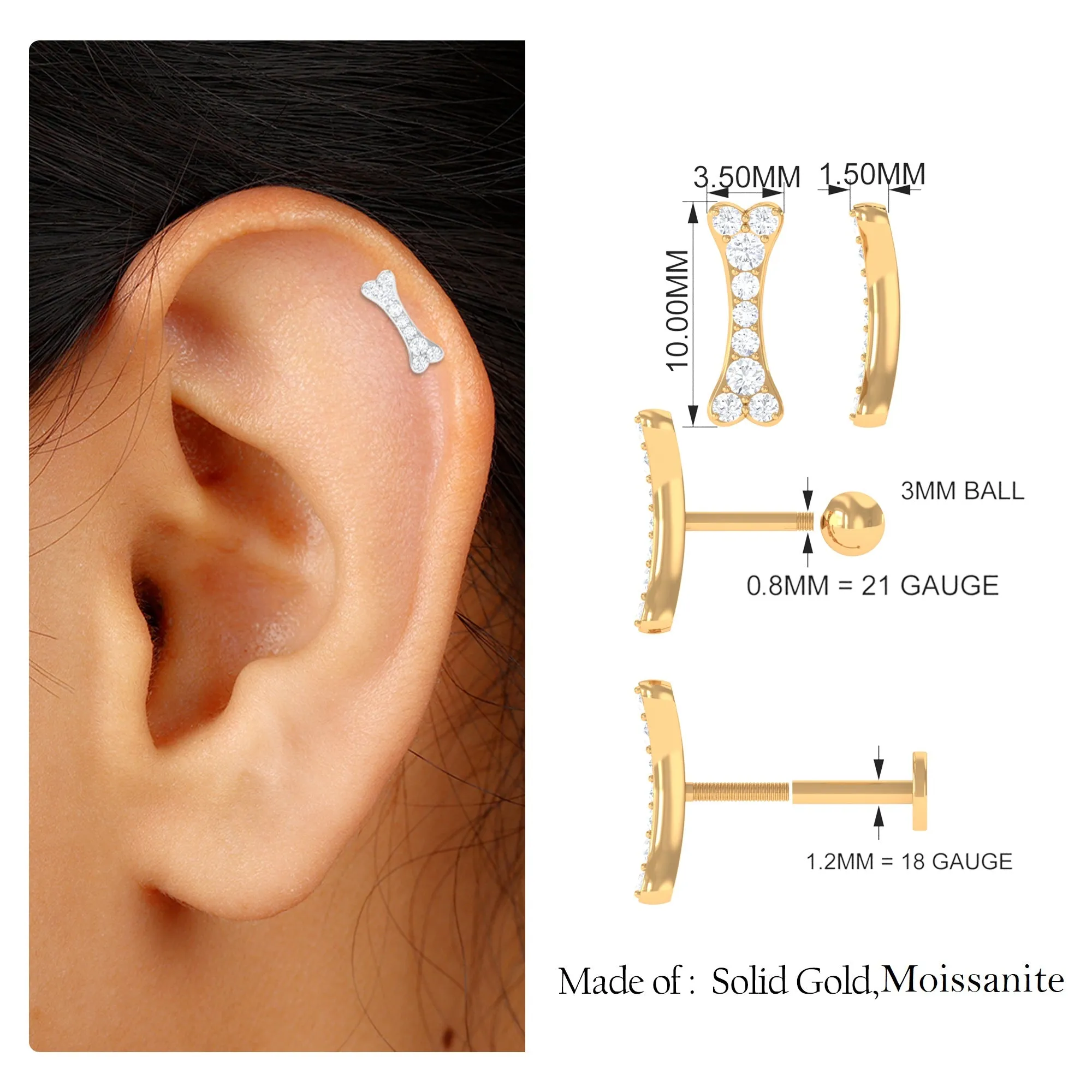 Round Moissanite Dog Bone Earring for Cartilage Piercing