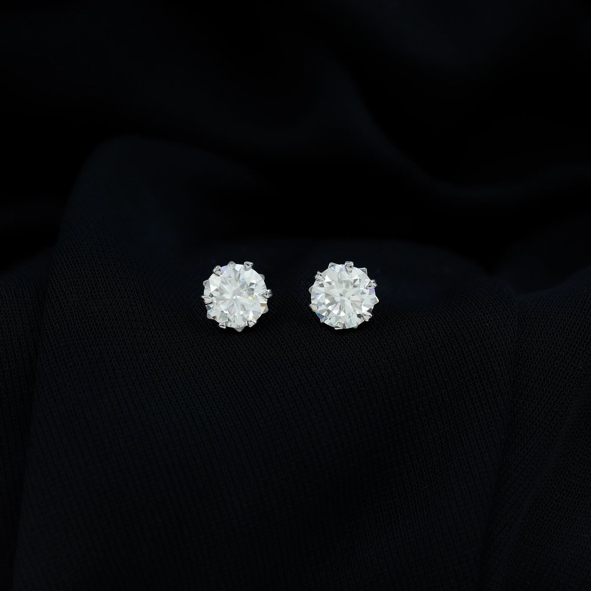 Round Moissanite Solitaire Silver Stud Earrings in Decorative Setting