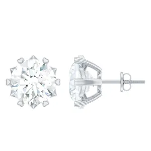 Round Moissanite Solitaire Silver Stud Earrings in Decorative Setting