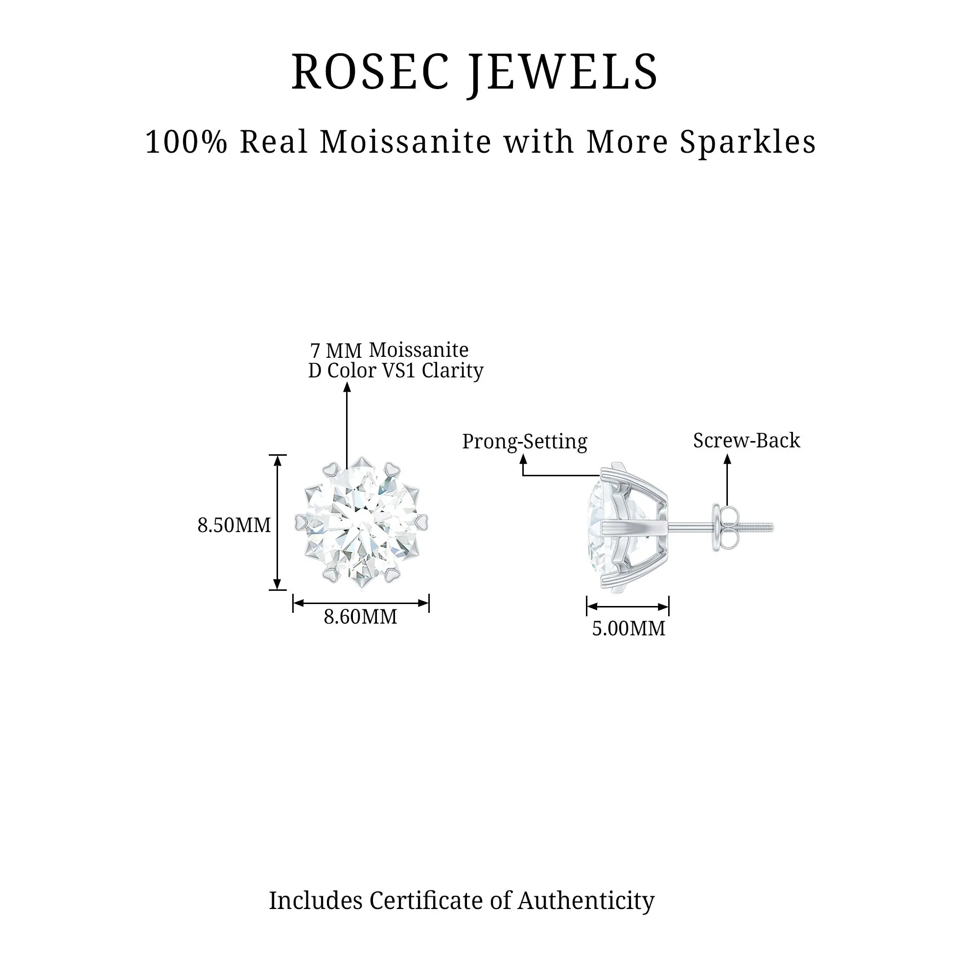 Round Moissanite Solitaire Silver Stud Earrings in Decorative Setting