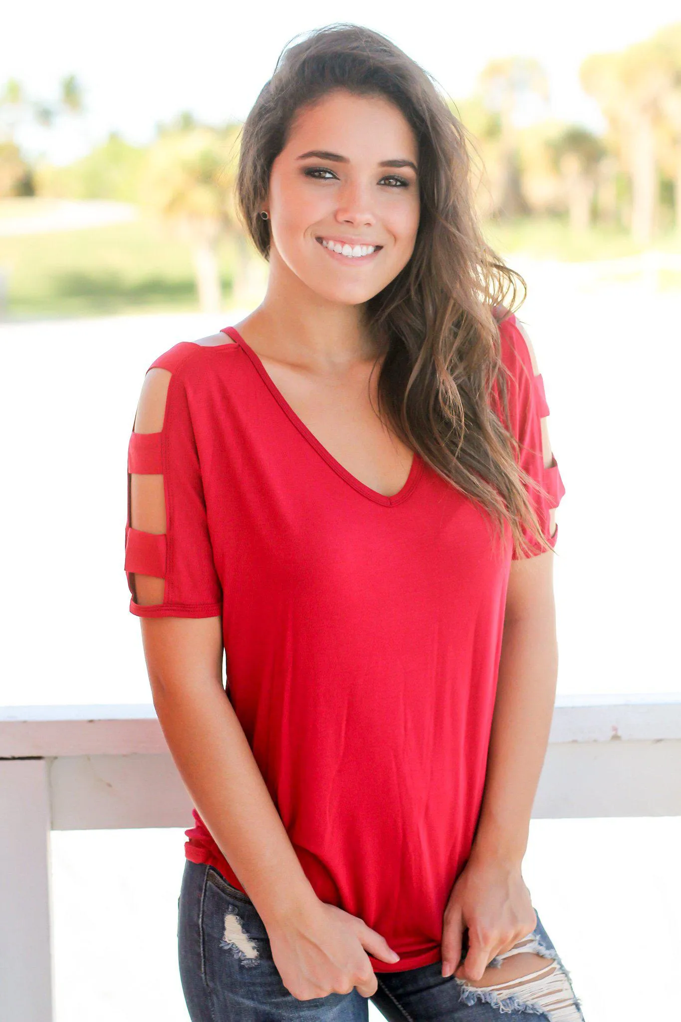 Ruby Red Top with Strap Detail Sleeves