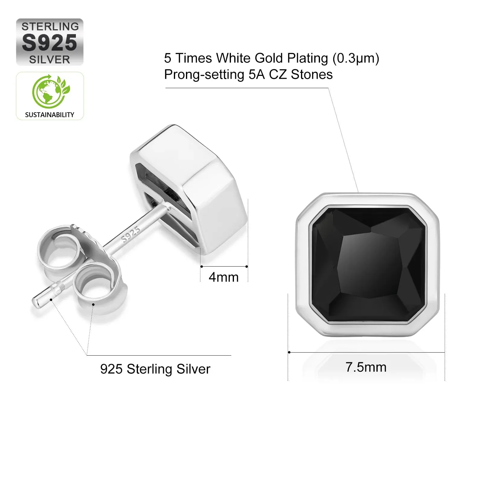 Silver Black Square Stud Earrings for Men