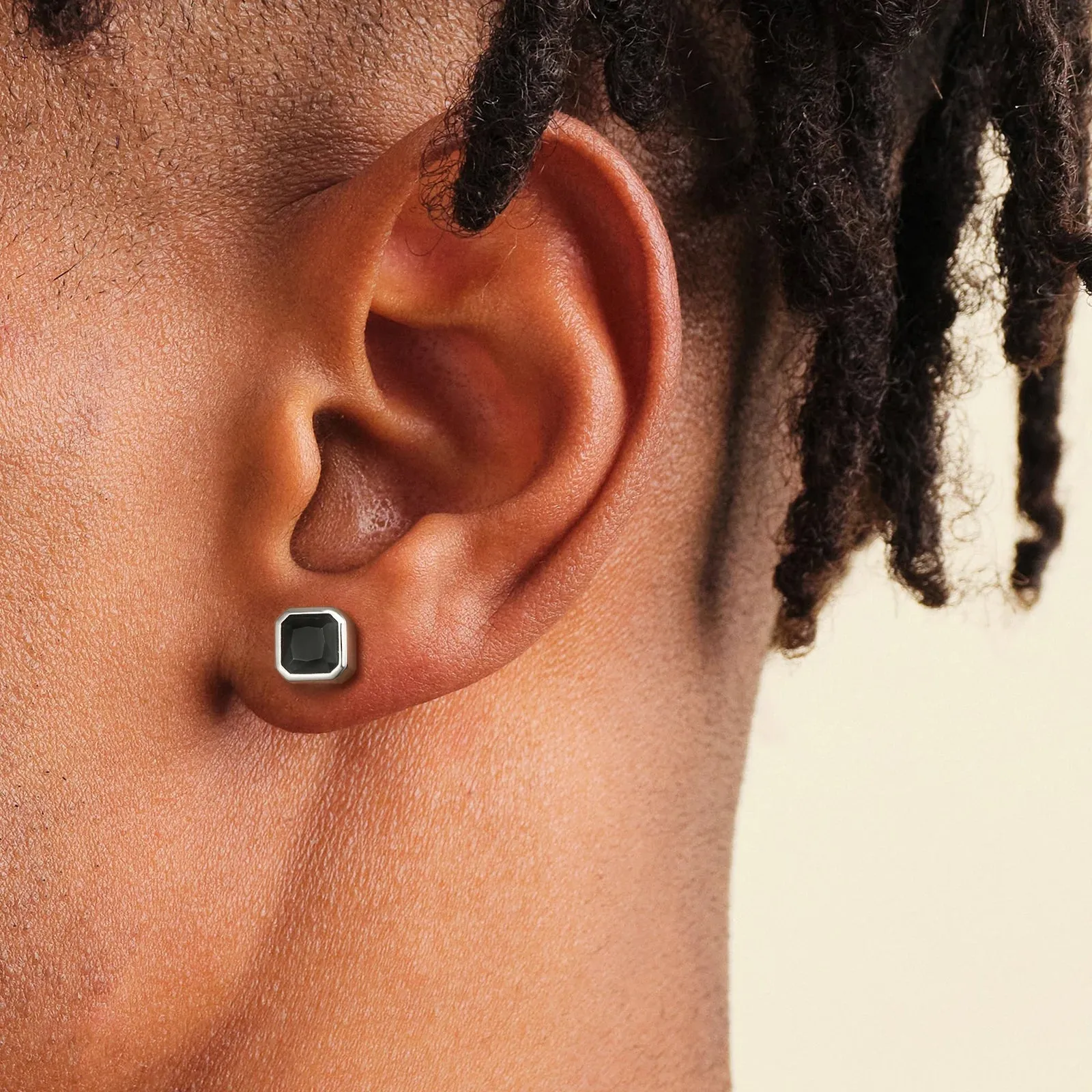 Silver Black Square Stud Earrings for Men