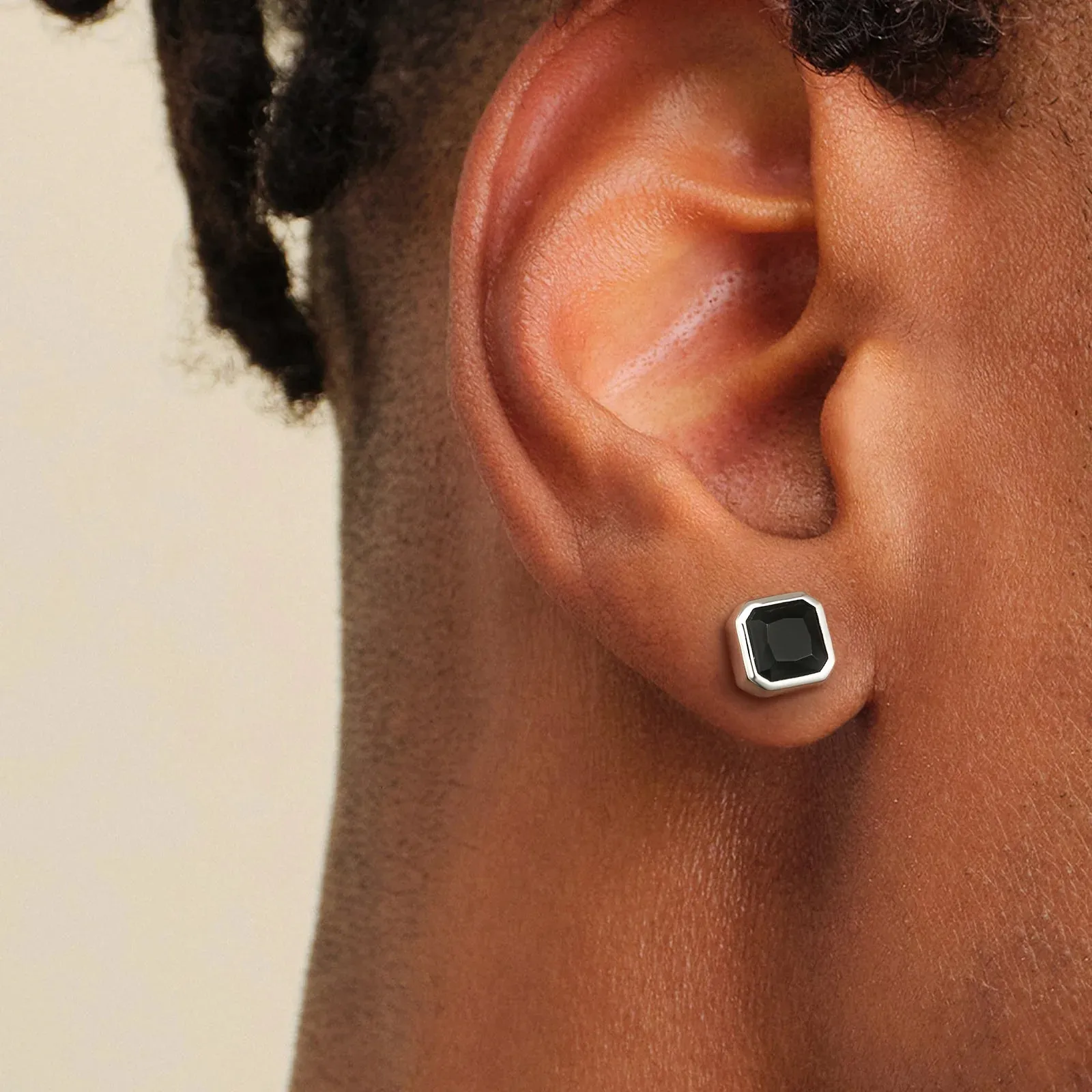 Silver Black Square Stud Earrings for Men