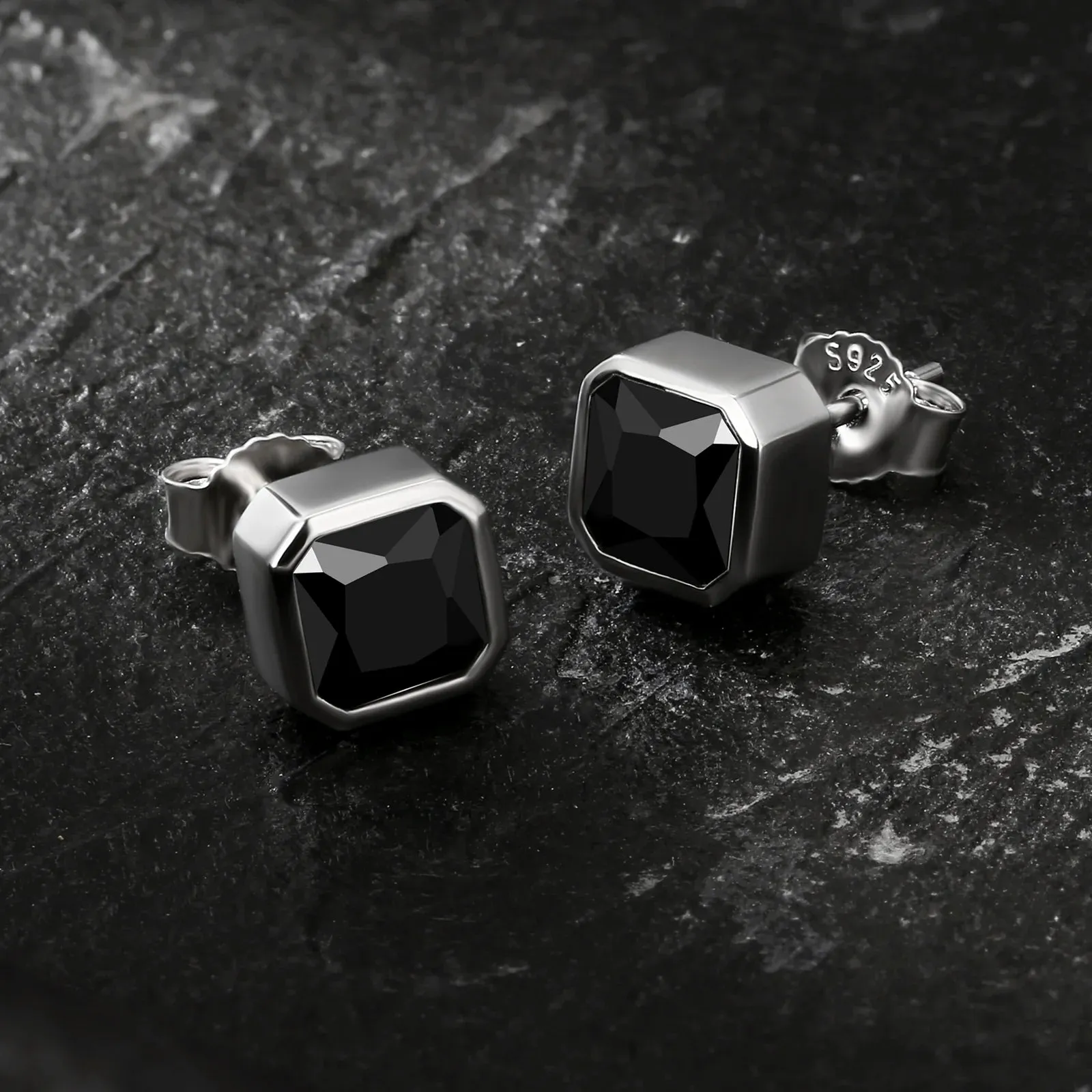 Silver Black Square Stud Earrings for Men