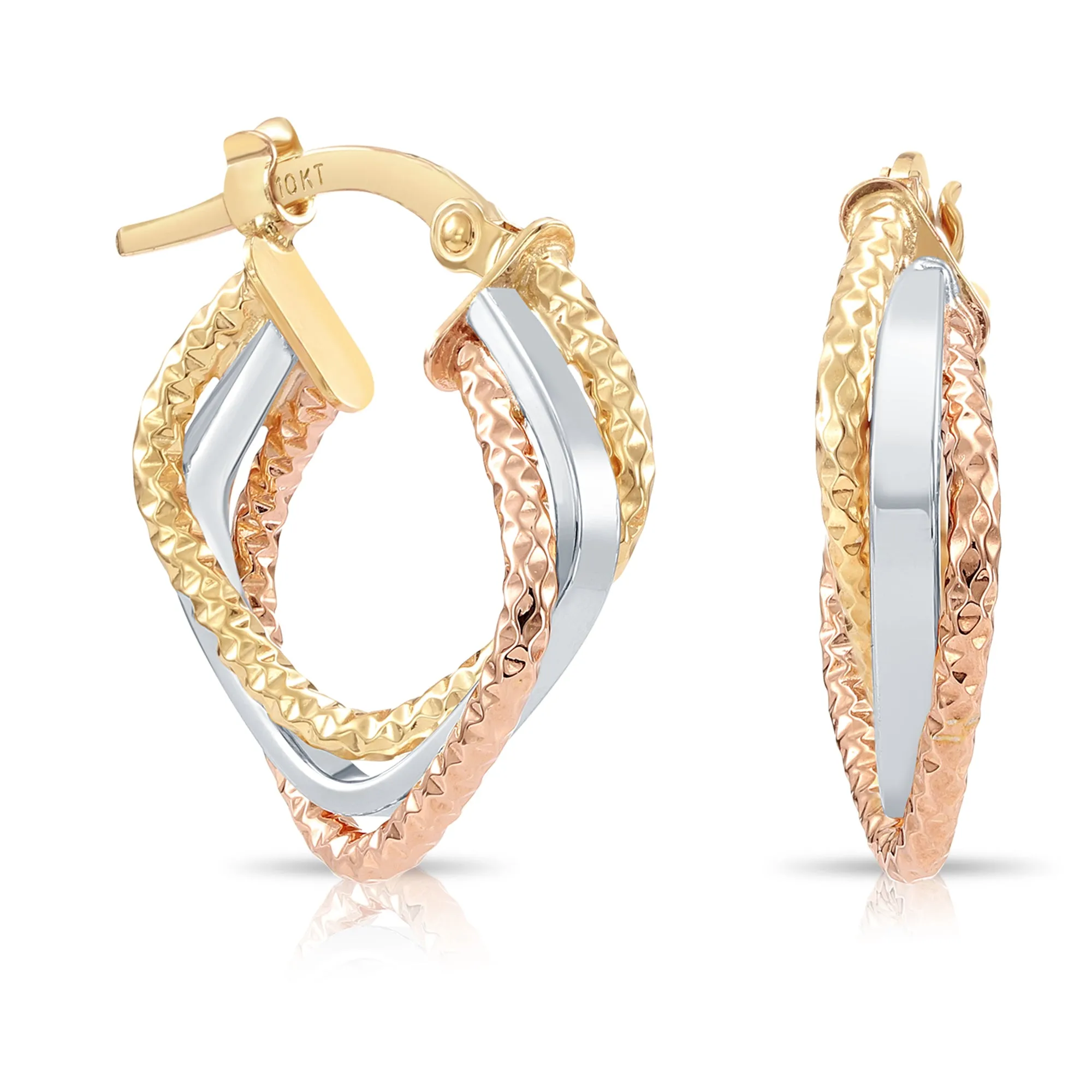 Solid 10K Yellow Gold Tri-Color Square Hoop Earrings, Italian Style Design, Twisted Hoops