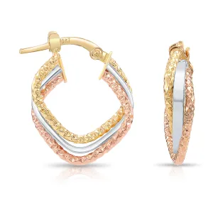 Solid 10K Yellow Gold Tri-Color Square Hoop Earrings, Italian Style Design, Twisted Hoops