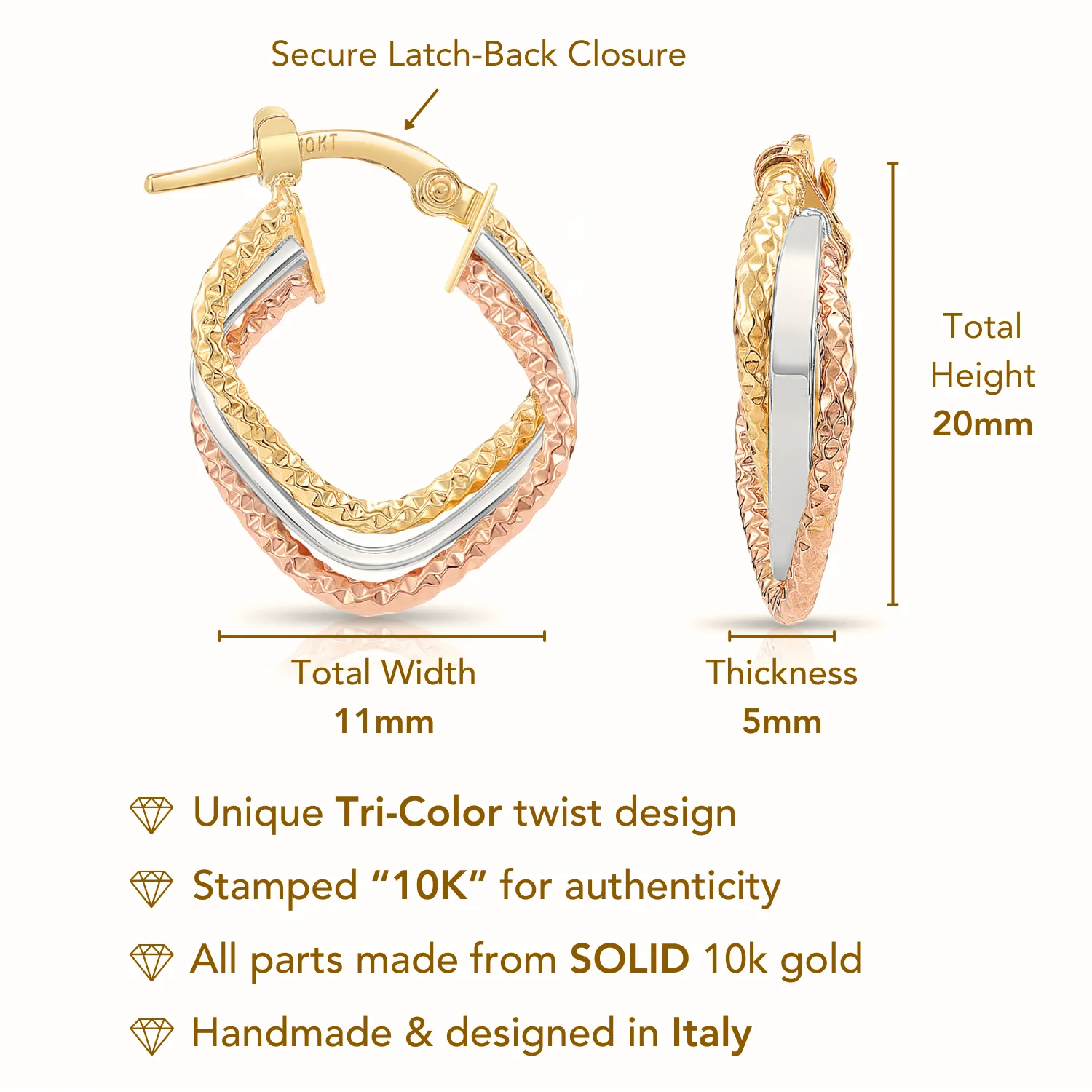 Solid 10K Yellow Gold Tri-Color Square Hoop Earrings, Italian Style Design, Twisted Hoops