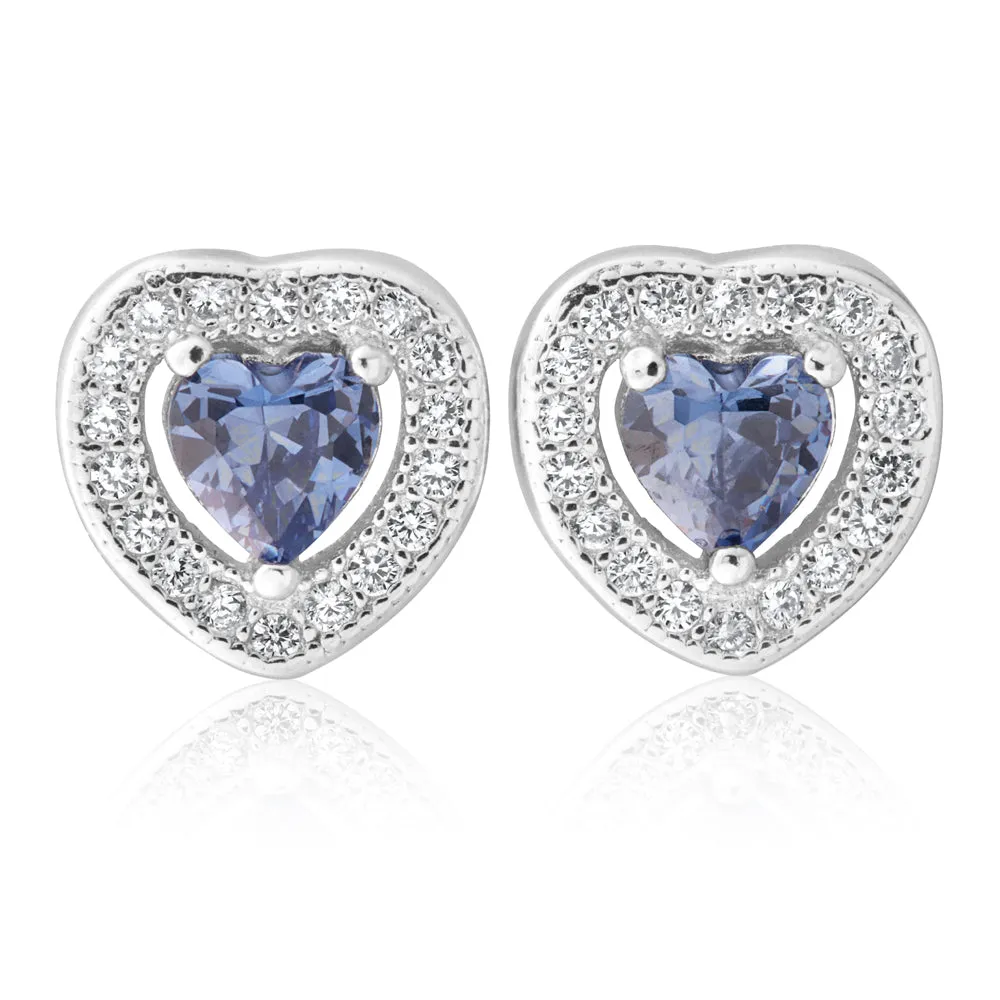 Sterling Silver Cobalt and White Zirconia Heart Stud Earrings