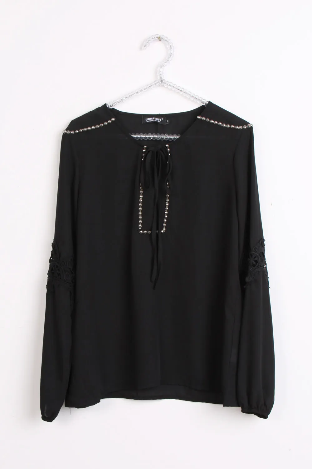 Studded Neck Lace Applique Sleeves Blouse Top