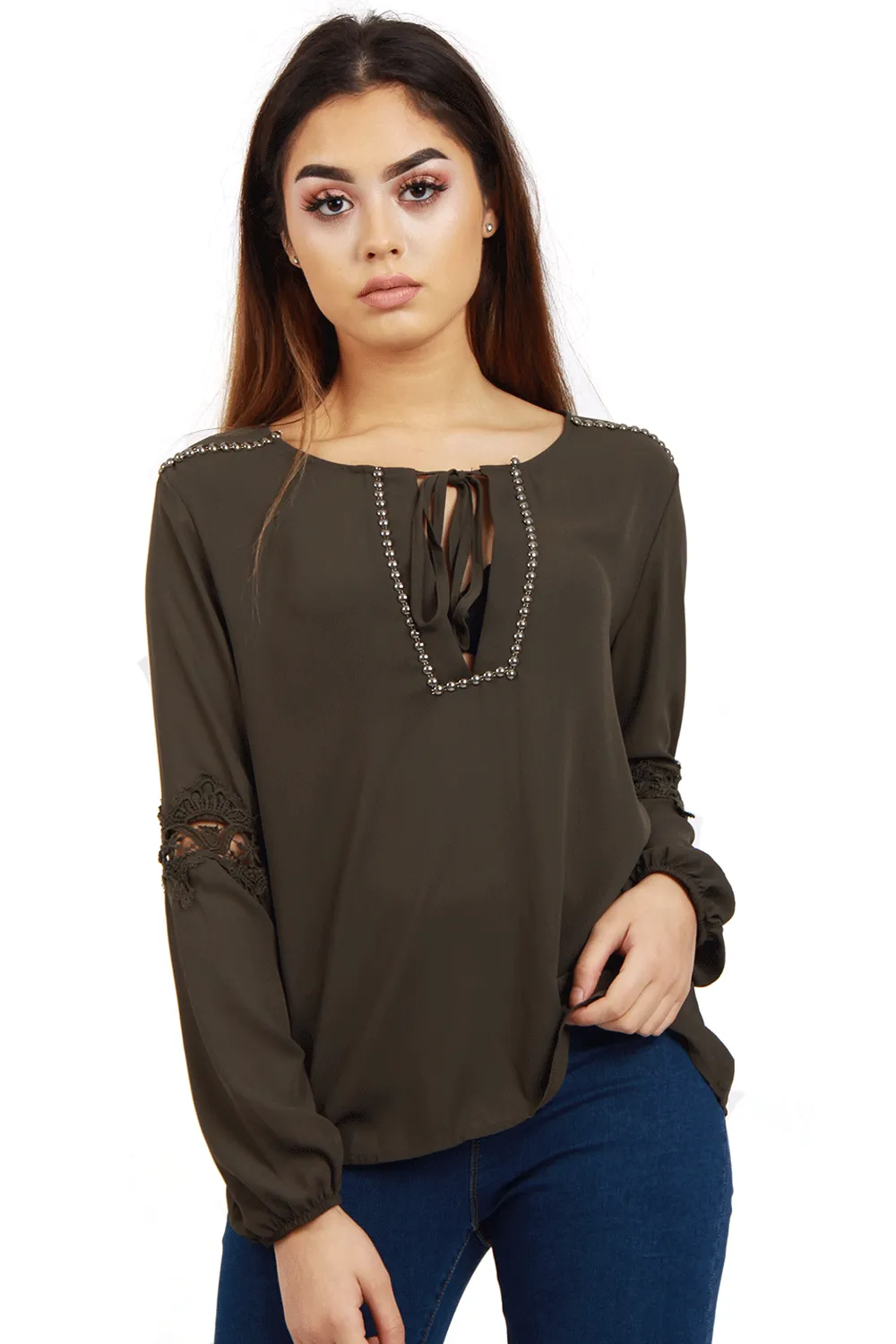 Studded Neck Lace Applique Sleeves Blouse Top