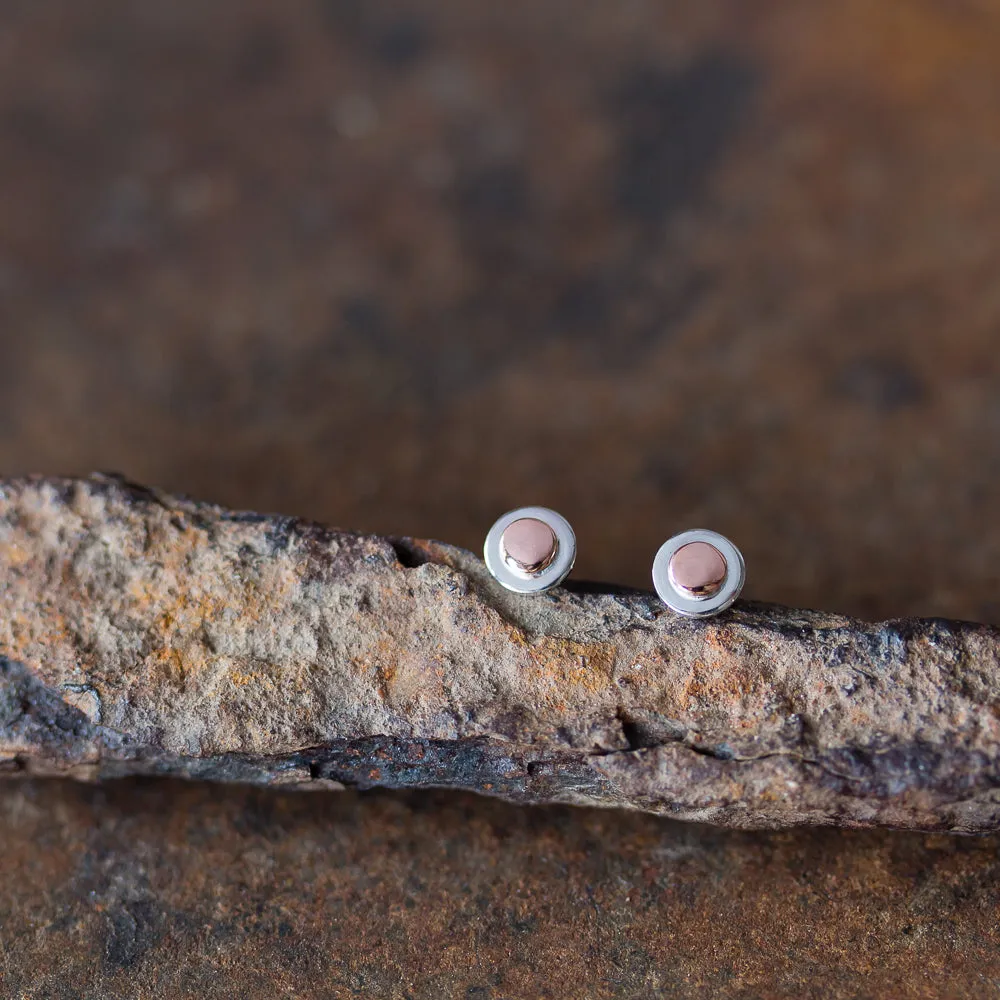 Tiny Layered Disc Stud Earrings, Copper Dot on Sterling Silver