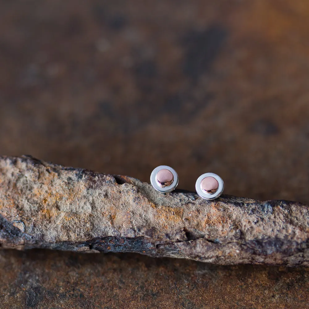 Tiny Layered Disc Stud Earrings, Copper Dot on Sterling Silver