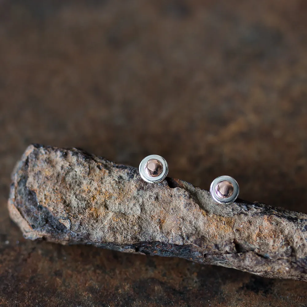 Tiny Layered Disc Stud Earrings, Copper Dot on Sterling Silver