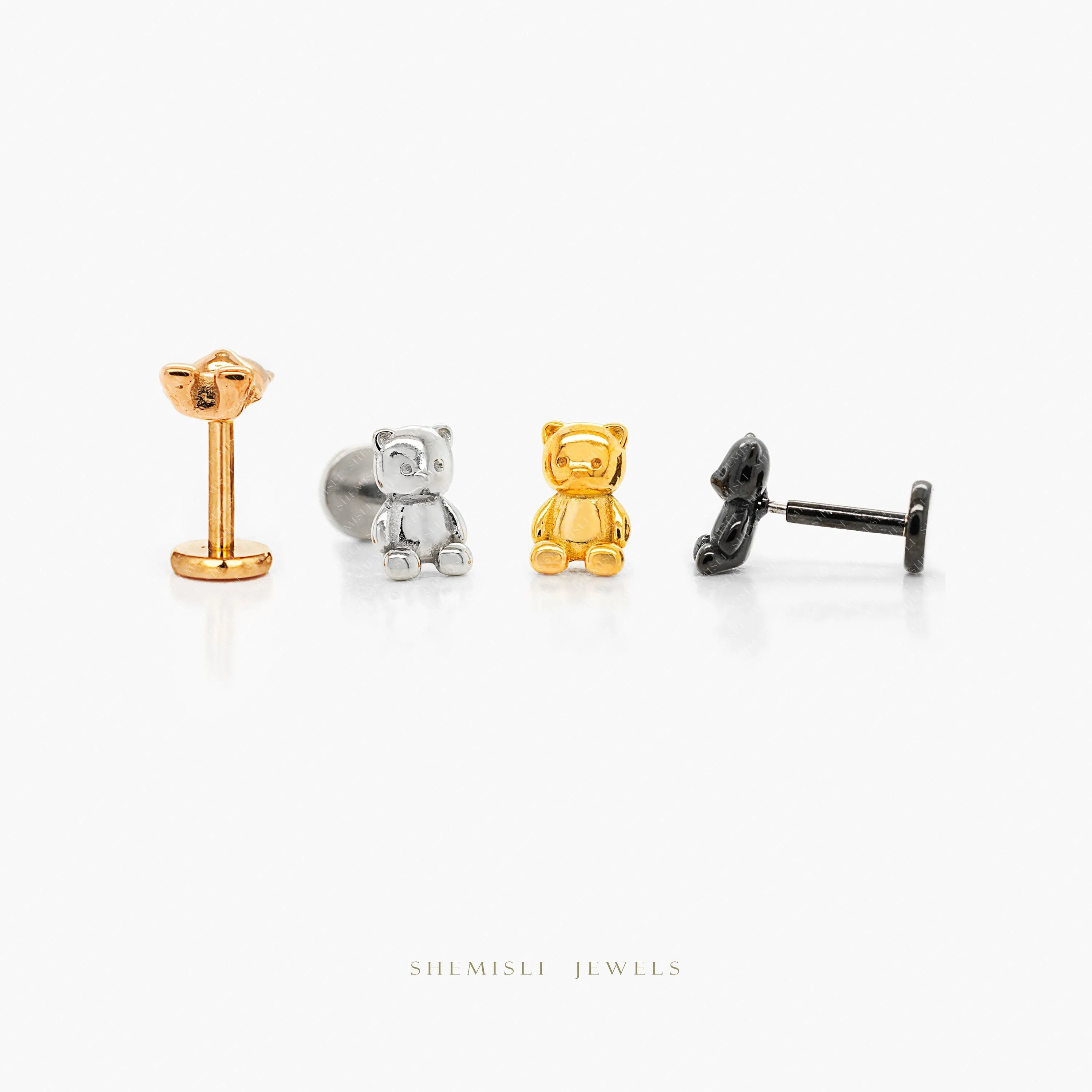 Tiny Teddy Bear Threadless Flat Back Tragus Stud, 20,18,16ga, 5-10mm Unisex, Surgical Steel SHEMISLI SS978