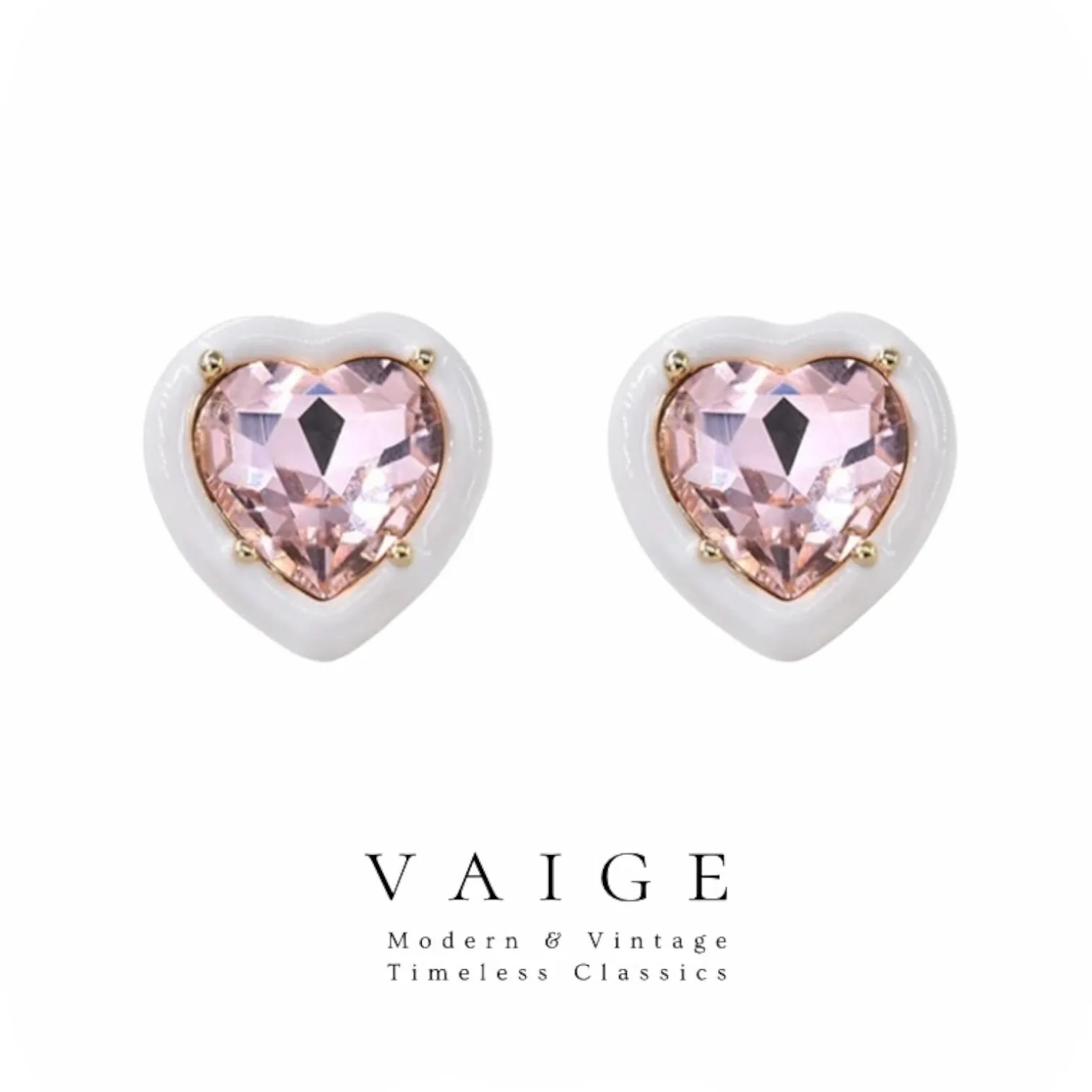 VAIGE Adorable Heart-Shaped Sparkling Pink Zircon Earrings