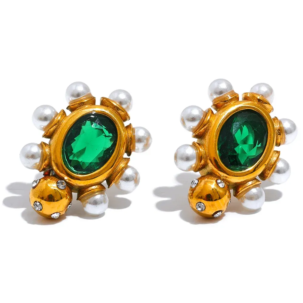 VAIGE Elegant Green and White Zircon Faux Pearl Gold Earrings with Stainless Steel Accents