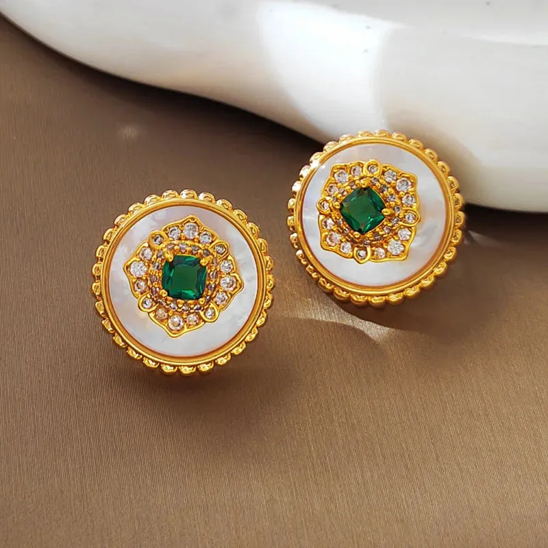 VAIGE Elegant Vintage Green Zircon Gold Earrings in Sterling Silver - Square Circle Design