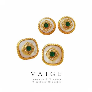 VAIGE Elegant Vintage Green Zircon Gold Earrings in Sterling Silver - Square Circle Design