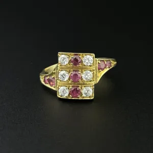 Vintage 14K Gold Ruby Diamond Paste Cluster Ring, Sz 5 3/4